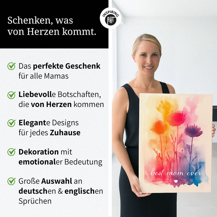 "Best mom ever" Aquarell-Blumen - Leinwandbild bunt
