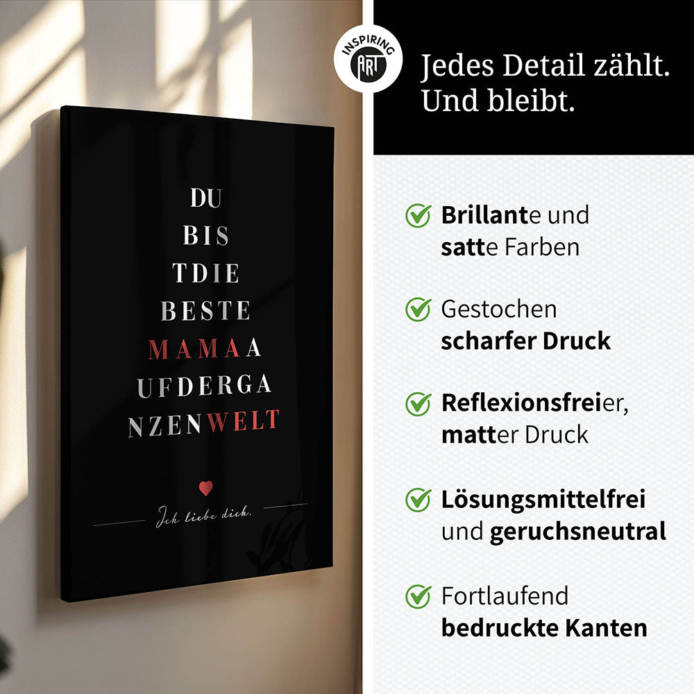 "Du bist die beste Mama auf der ganzen Welt" - Leinwandbild in Schwarz-Weiß-Rot