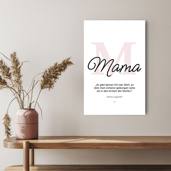 Mama-Zitat von Selma Lagerlöf - Leinwandbild in Schwarz-Weiß-Rosa