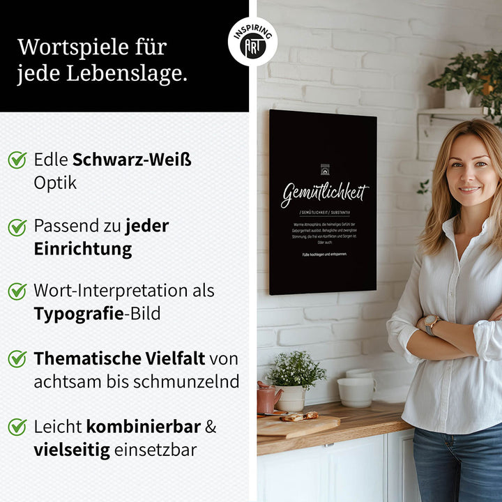 Gemütlichkeit - Wortdefinition-Wandbild - Leinwand im Hochformat - Typografie Worte Sprache Leben Alltag