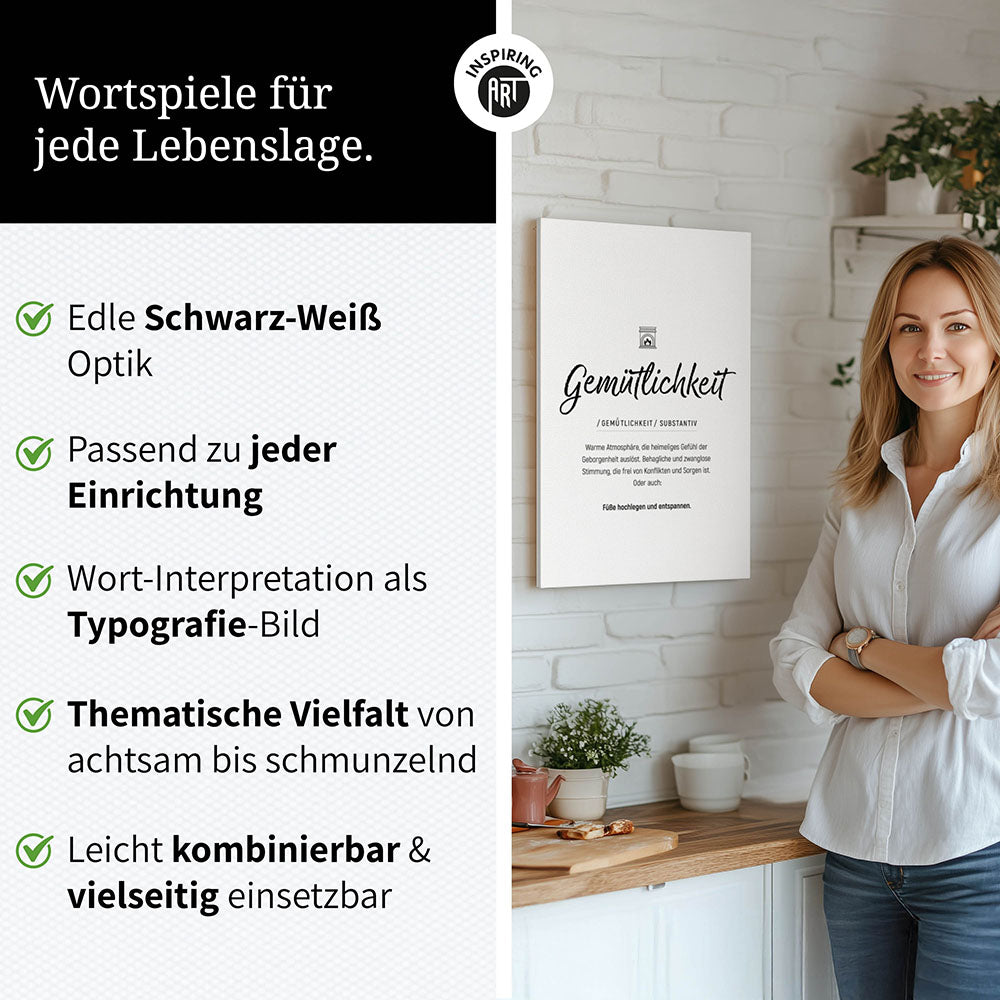 Gemütlichkeit - Wortdefinition-Wandbild - Leinwand im Hochformat - Typografie Worte Sprache Leben Alltag
