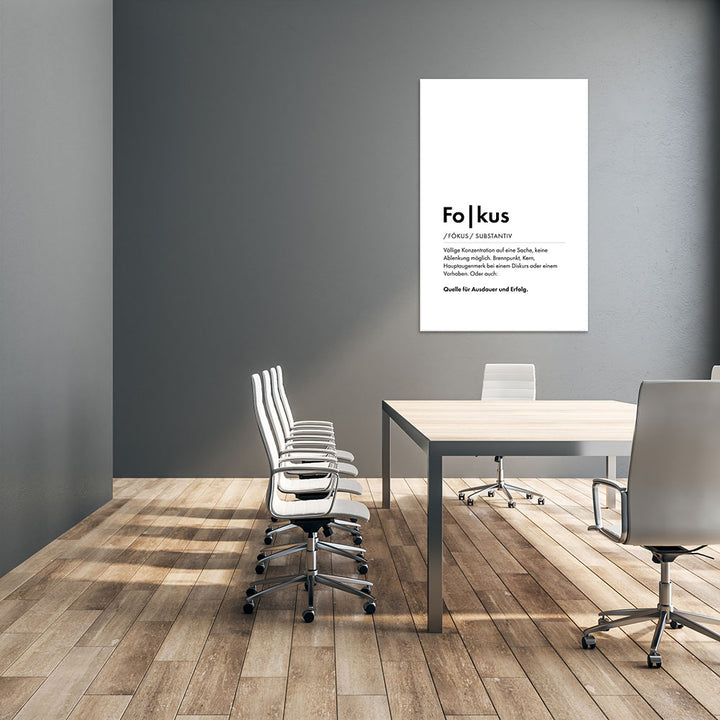 Mockup Fokus - Wortdefinition-Wandbild - Leinwand Weiss Neutral im Hochformat - Typografie Worte Sprache Business Job