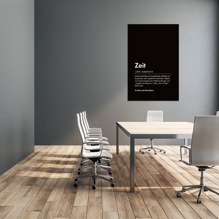 Mockup Zeit - Wortdefinition-Wandbild - Leinwand Schwarzgrau Neutral im Hochformat - Typografie Worte Sprache Business Job