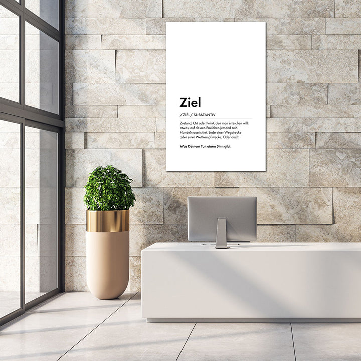 Mockup Ziel - Wortdefinition-Wandbild - Leinwand Weiss Neutral im Hochformat - Typografie Worte Sprache Business Job