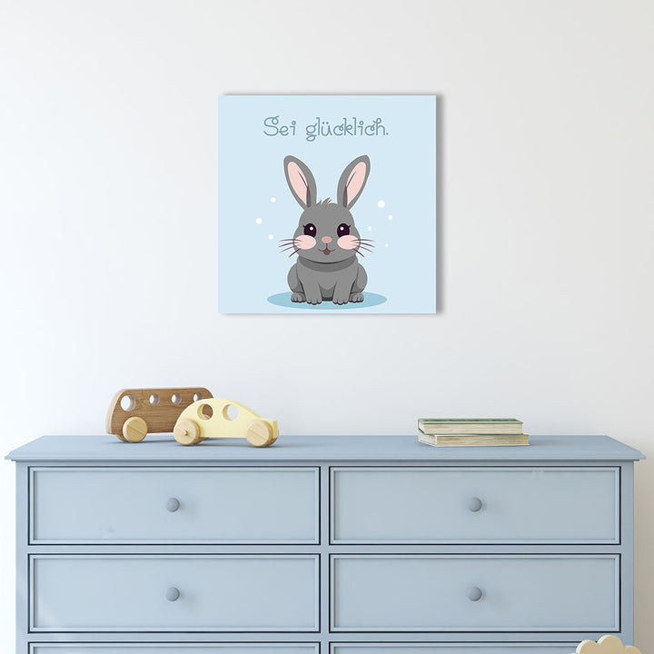 Babyzimmer Wandbild Cartoon Tiermotiv Hase mit Affirmation