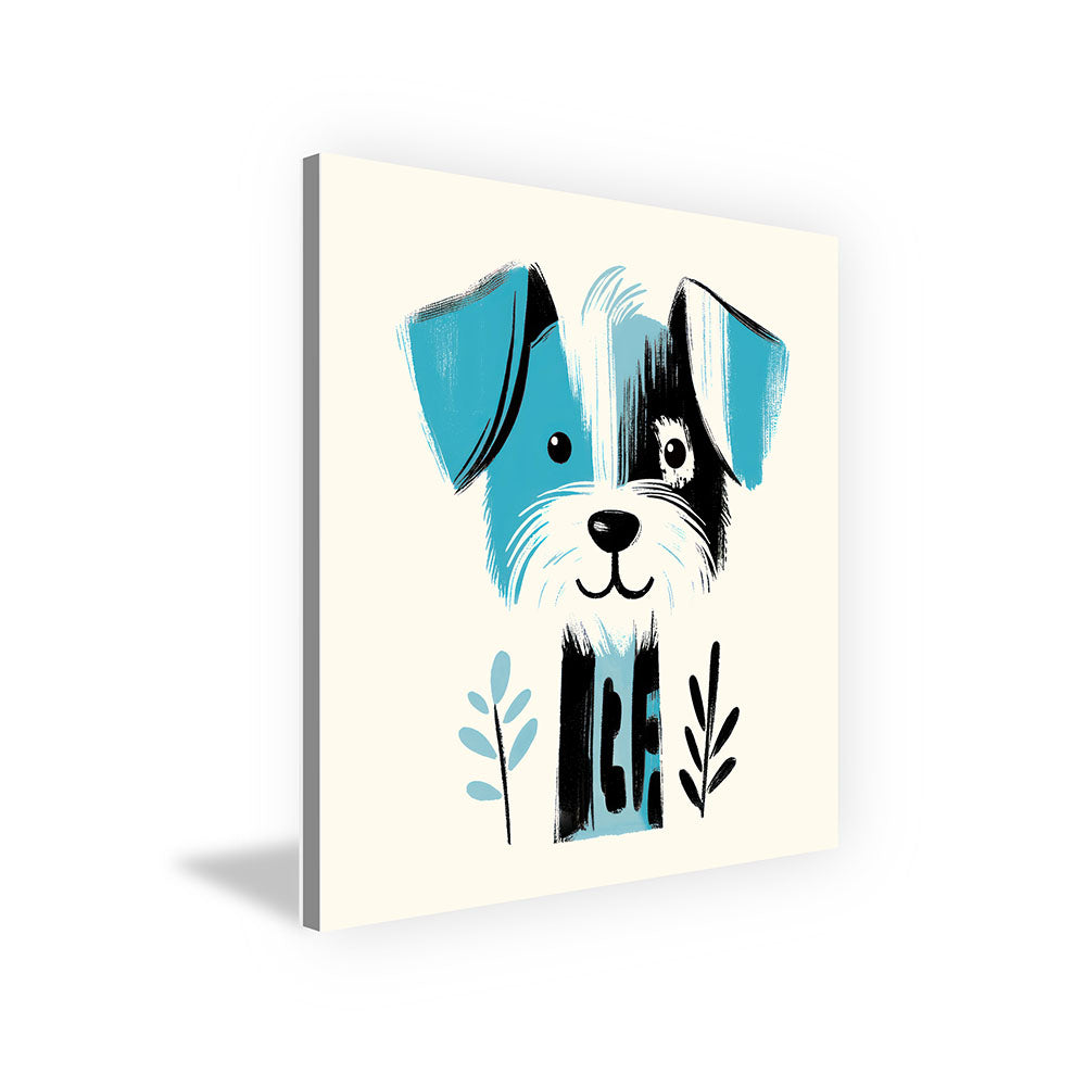 Hugo, der Hobbymaler-Hund – Baby-Kinder-Wandbild MIXPIX – Tiermotiv Hund als Illustration in Blau – Ani-Mali Bilderset Kinderzimmer Wanddekoration