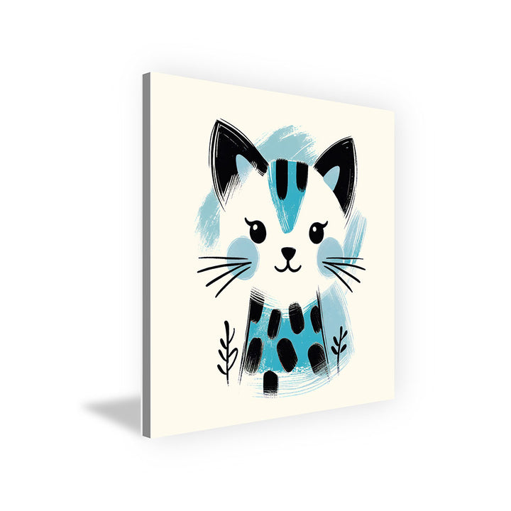 Kira, die Kunst-Katze – Baby-Kinder-Wandbild MIXPIX – Tiermotiv Katze als Illustration in Blau – Ani-Mali Bilderset Kinderzimmer Wanddekoration