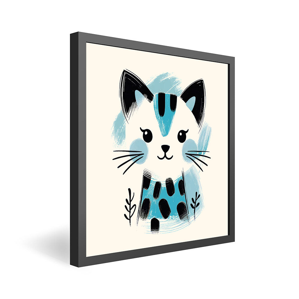 Kira, die Kunst-Katze – Baby-Kinder-Wandbild MIXPIX – Tiermotiv Katze als Illustration in Blau – Ani-Mali Bilderset Kinderzimmer Wanddekoration
