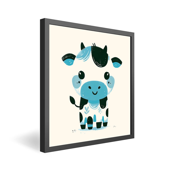 Karla, die kolorierte Kuh – Baby-Kinder-Wandbild MIXPIX – Tiermotiv Kuh als Illustration in Blau – Ani-Mali Bilderset Kinderzimmer Wanddekoration