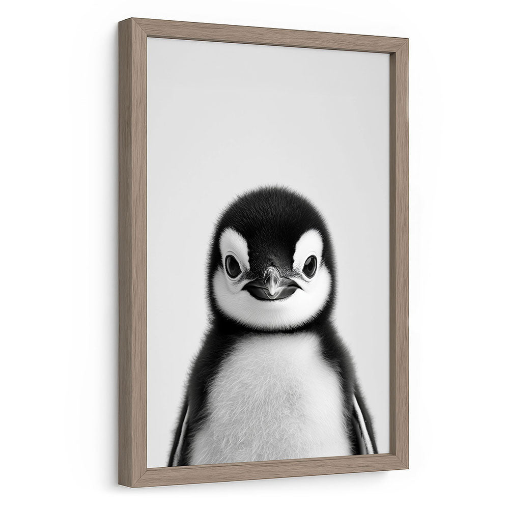 Tierposter mit Rahmen Pinguinbaby Schwarz Weiß