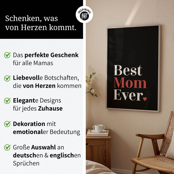 "Best mom ever" Typografie - Poster in Schwarz-Weiß-Rot