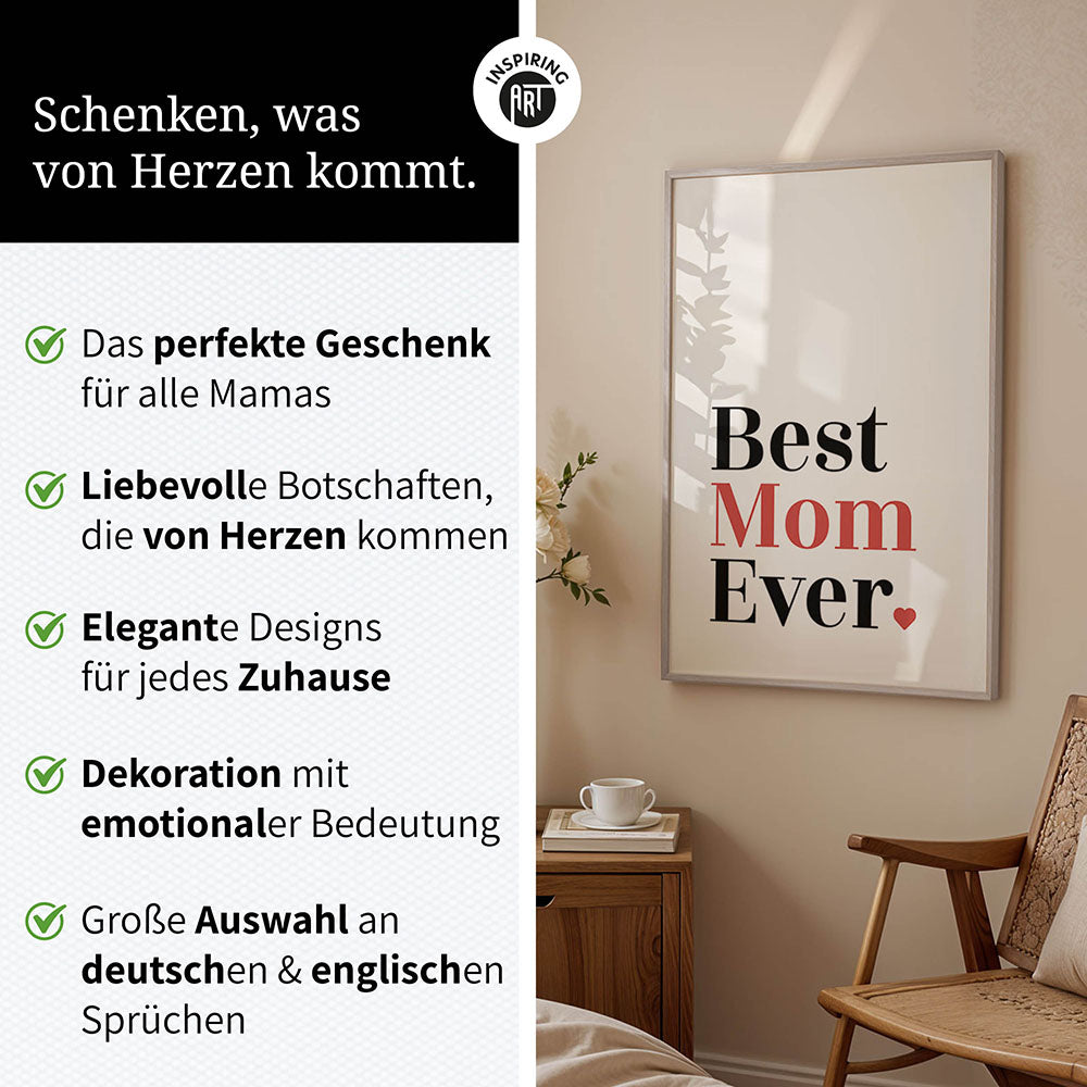 "Best mom ever" Typografie - Poster in Weiß-Schwarz-Rot