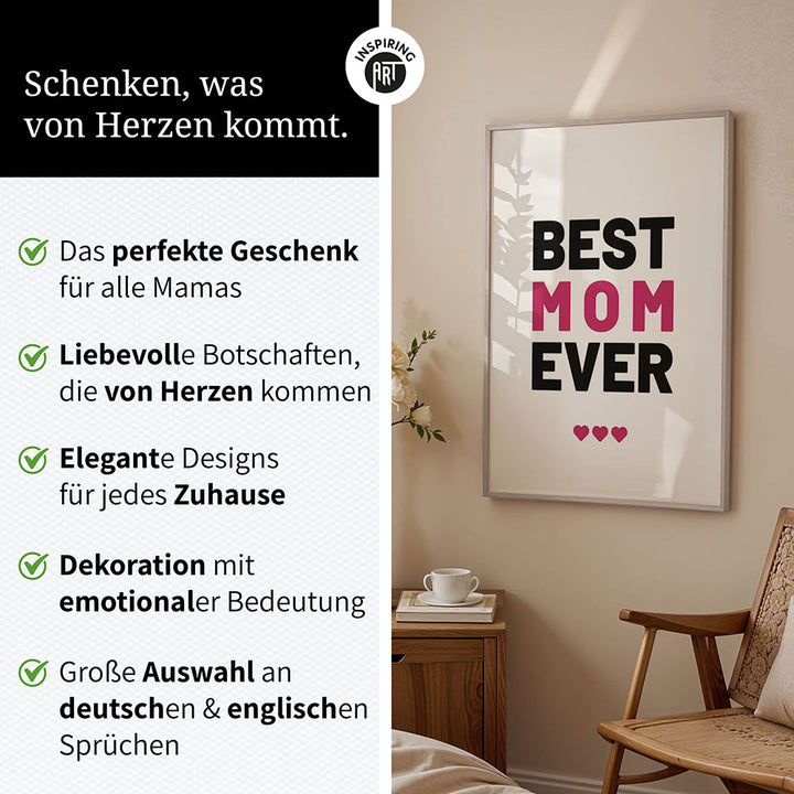 "Best mom ever" Typografie - Poster in Weiß-Schwarz-Pink