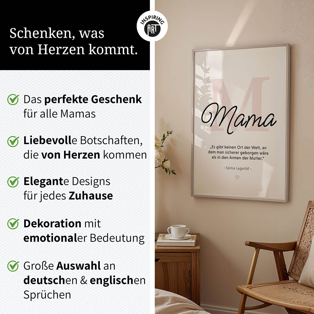 Mama-Zitat von Selma Lagerlöf - Poster in Schwarz-Weiß-Rosa
