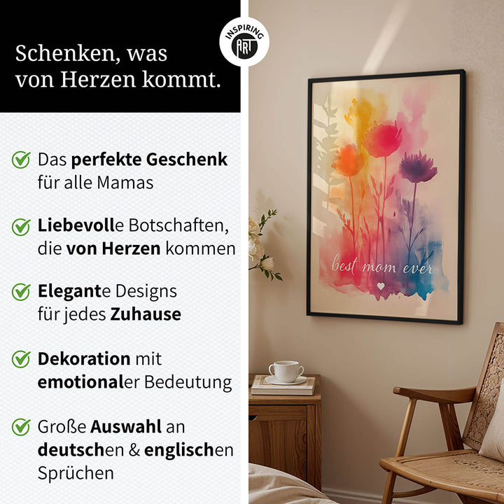 "Best mom ever" Aquarell-Blumen - Poster bunt
