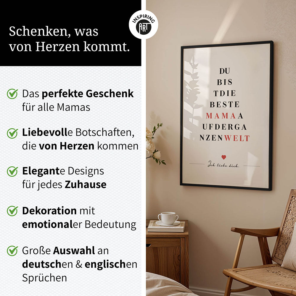 "Du bist die beste Mama auf der ganzen Welt" - Poster in Weiß-Schwarz-Rot
