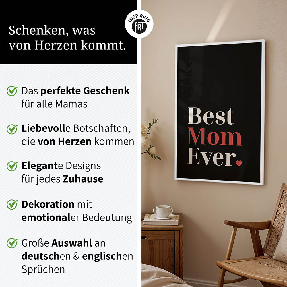 "Best mom ever" Typografie - Poster in Schwarz-Weiß-Rot