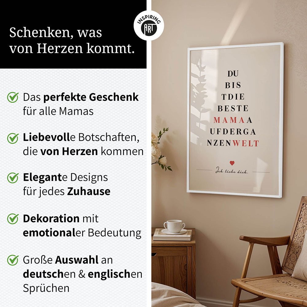 "Du bist die beste Mama auf der ganzen Welt" - Poster in Weiß-Schwarz-Rot