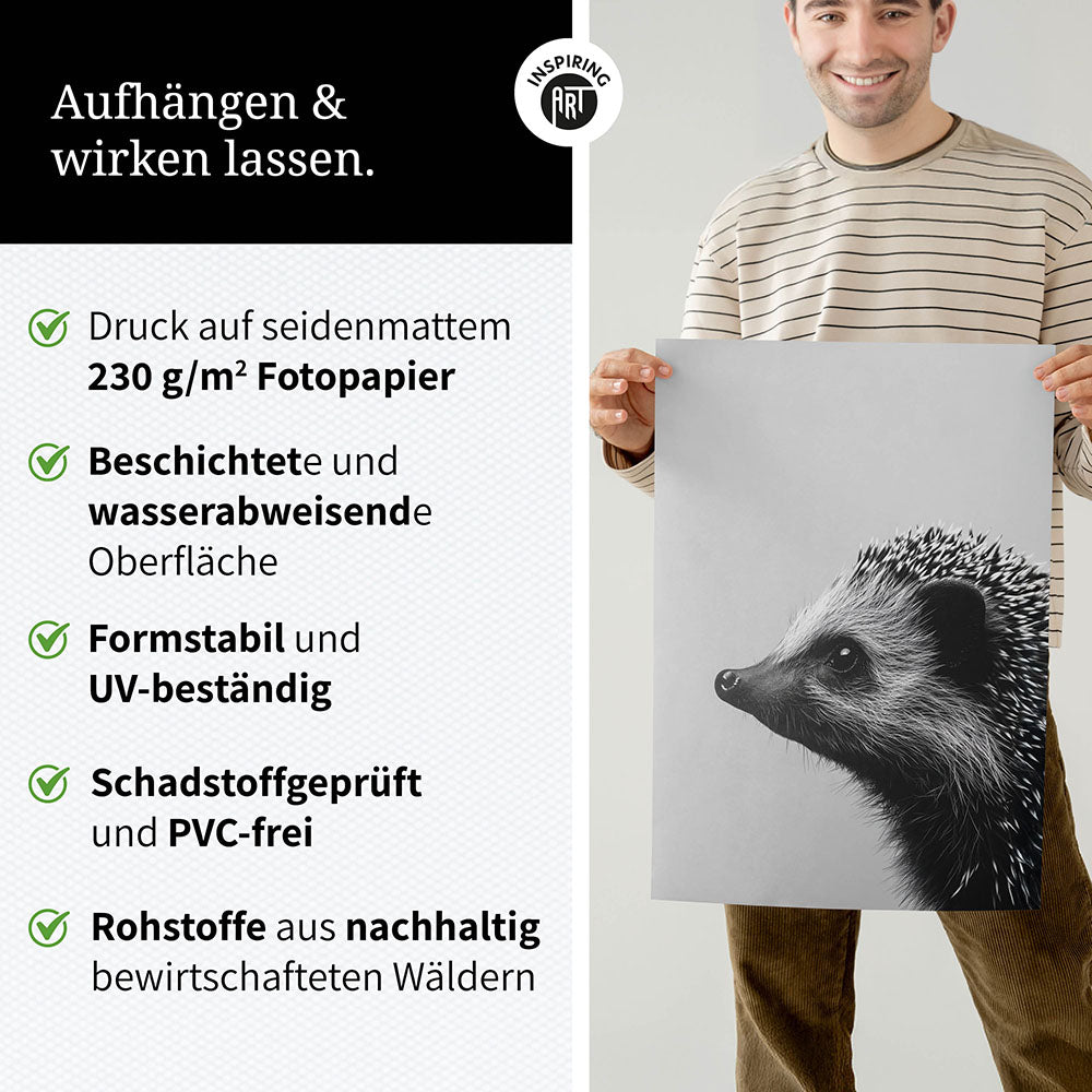 Poster: Tierporträt Igel "Fips" in Schwarz-Weiß