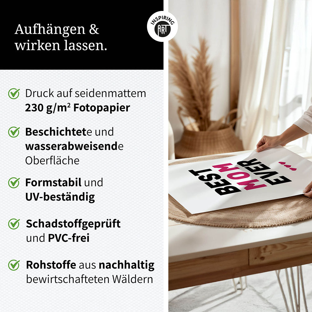 "Best mom ever" Typografie - Poster in Weiß-Schwarz-Pink