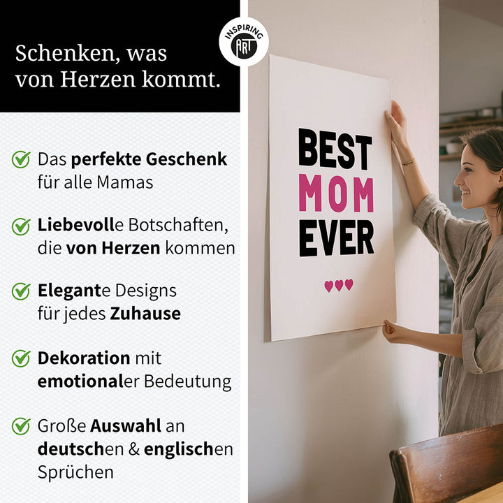 "Best mom ever" Typografie - Poster in Weiß-Schwarz-Pink