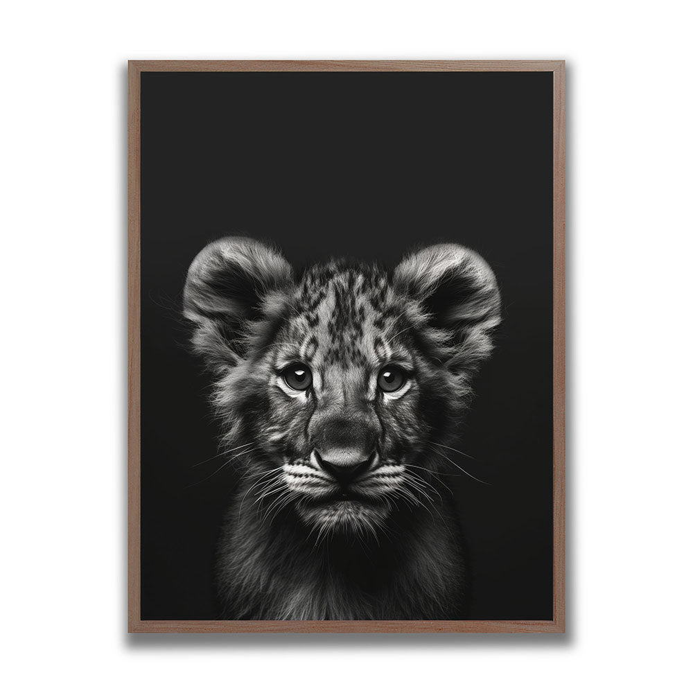Poster Tierposter mit Rahmen Löwenbaby Schwarz Weiß