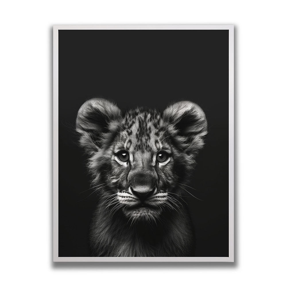 Poster Tierposter mit Rahmen Löwenbaby Schwarz Weiß