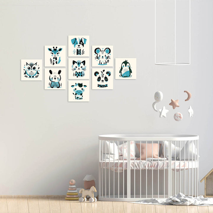 Kinderzimmer Wandbilder Set in Blau mit Tierillustrationen