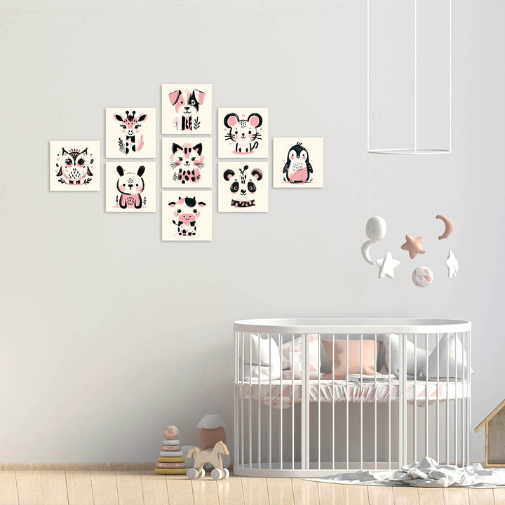 Kinderzimmer Wandbilder Set in Rosa mit Tiermotiven