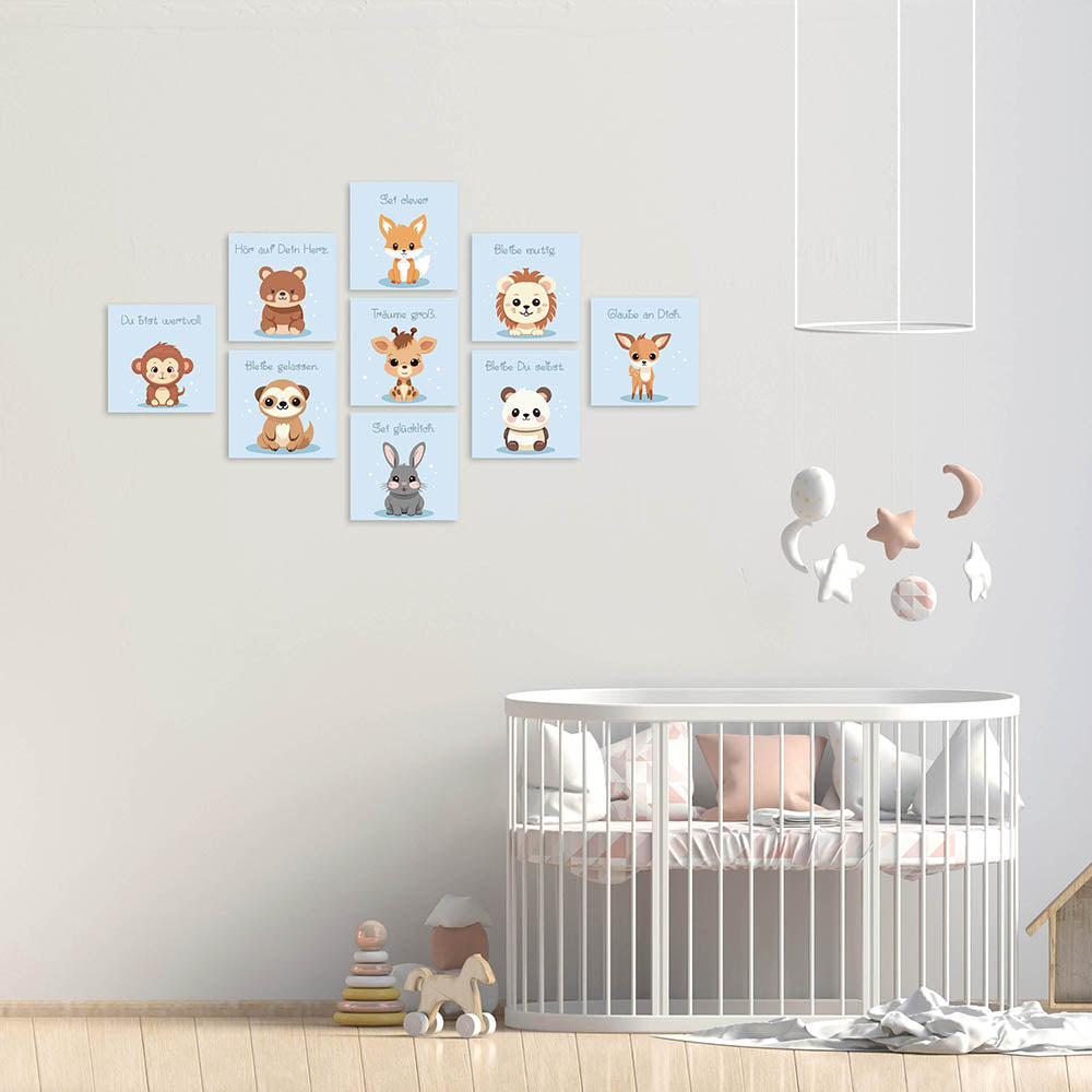 Kinderzimmer Wandbilder Set in Hellblau mit Tiermotiven 