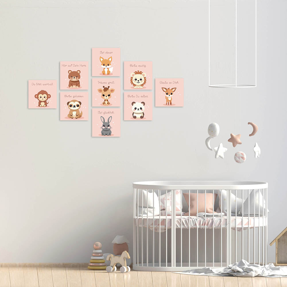 Kinderzimmer Wandbilder Set in Rosa Farben mit Tiermotiven für Babyzimmer