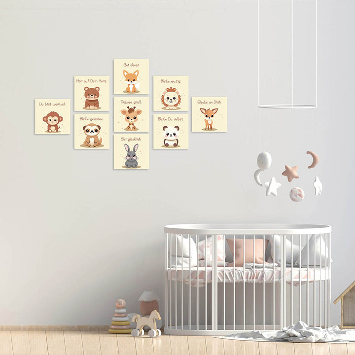 Kinderzimmer Wandbilder Set in Vanille Farben mit Tiermotiven für Babyzimmer
