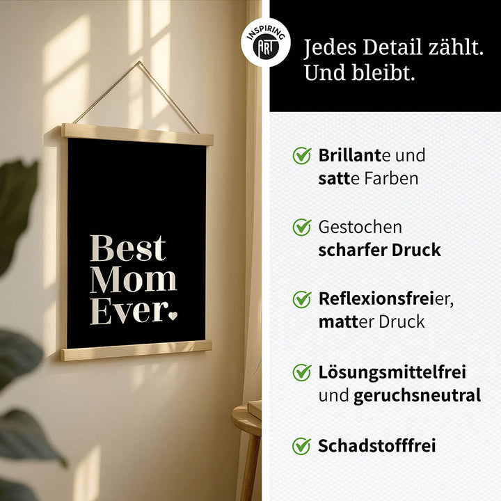 "Best mom ever" Typografie - Stoffbild mit Holzleisten in Schwarz-Weiß