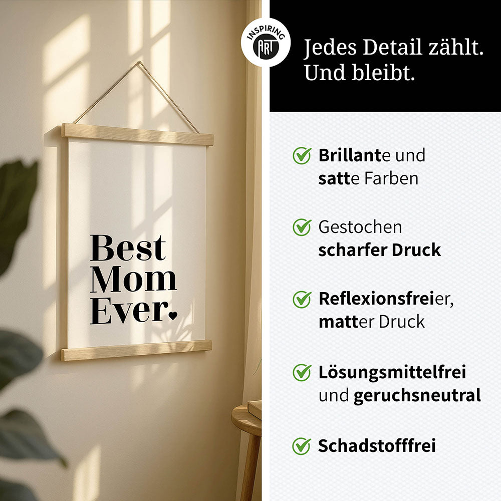 "Best mom ever" Typografie - Stoffbild mit Holzleisten in Weiß-Schwarz