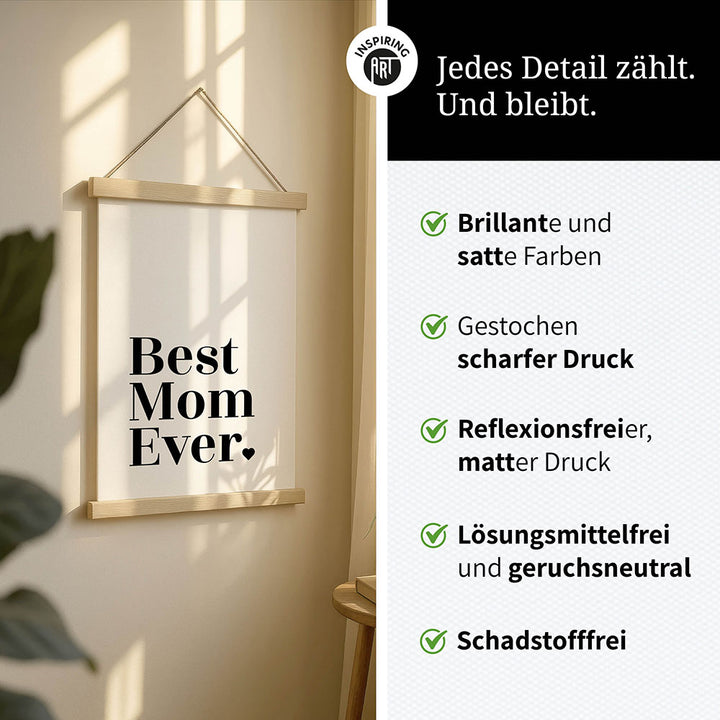 "Best mom ever" Typografie - Stoffbild mit Holzleisten in Weiß-Schwarz