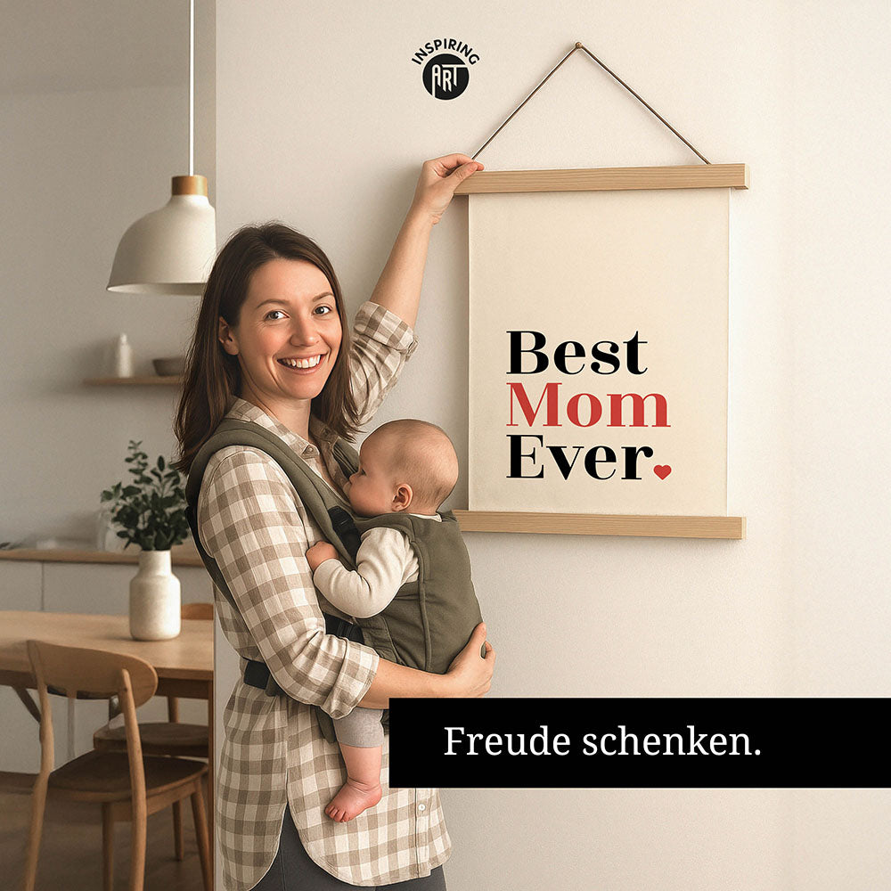 "Best mom ever" Typografie - Stoffbild mit Holzleisten in Weiß-Schwarz-Rot