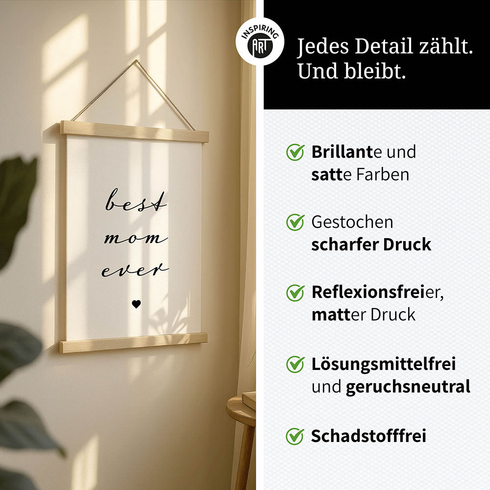 "Best mom ever" Typografie - Stoffbild mit Holzleisten in Weiß-Schwarz