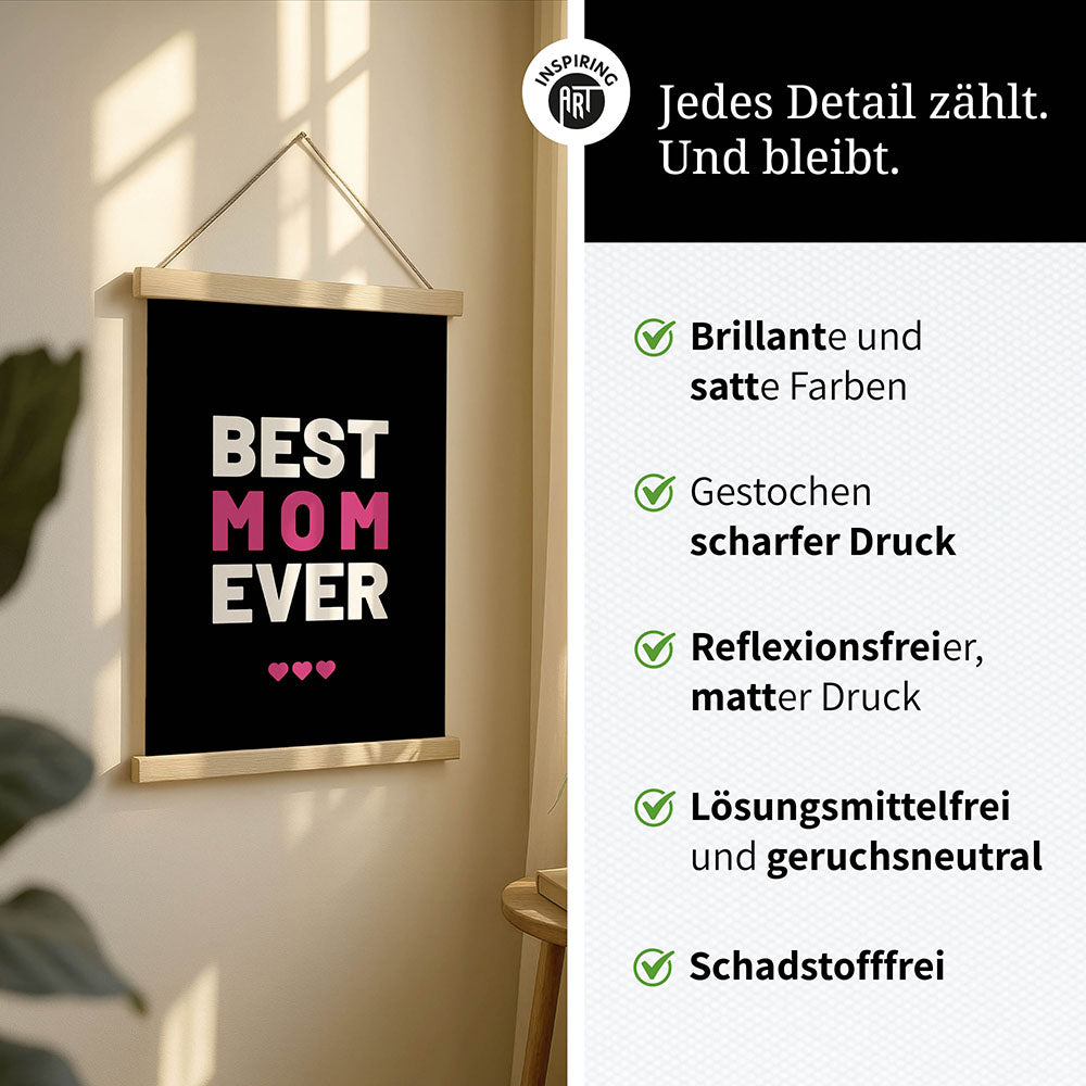 "Best mom ever" Typografie - Stoffbild mit Holzleisten in Schwarz-Weiß-Pink