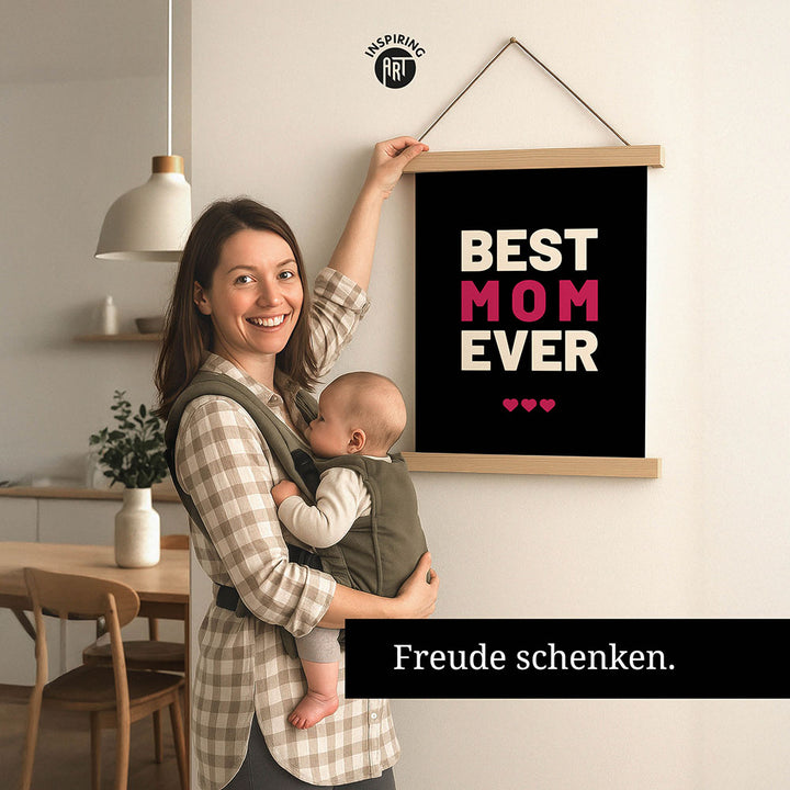"Best mom ever" Typografie - Stoffbild mit Holzleisten in Schwarz-Weiß-Pink