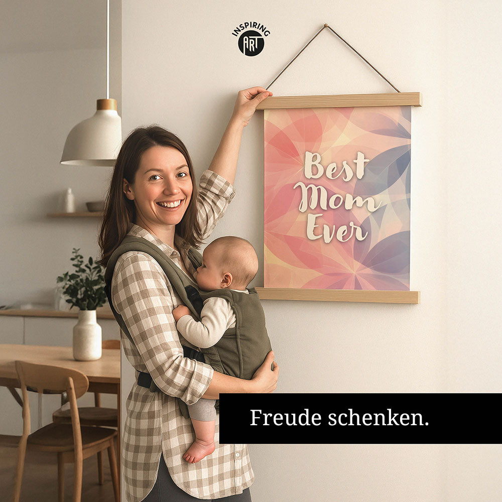 "Best mom ever" Flower Power- Stoffbild mit Holzleisten bunt