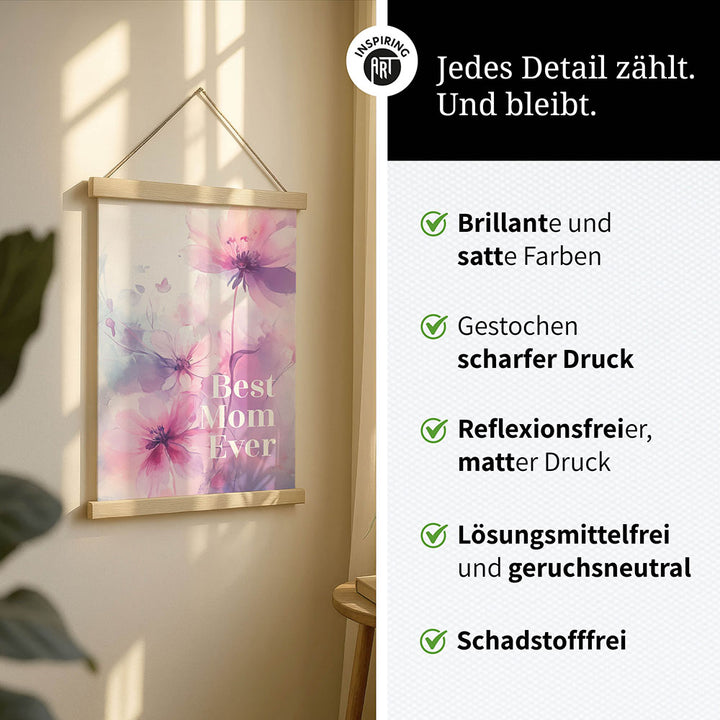 "Best mom ever" Lila Blumen - Stoffbild mit Holzleisten bunt
