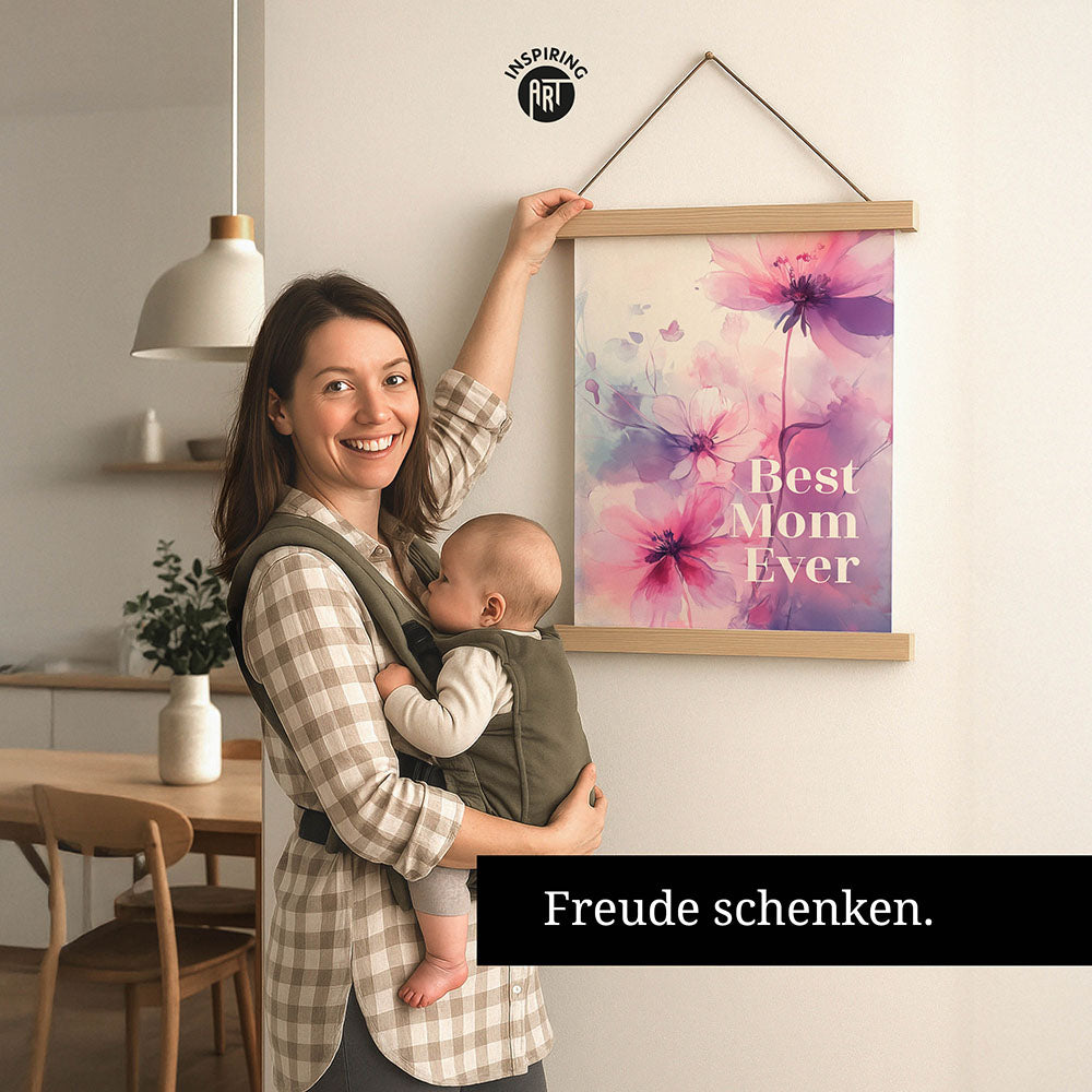 "Best mom ever" Lila Blumen - Stoffbild mit Holzleisten bunt
