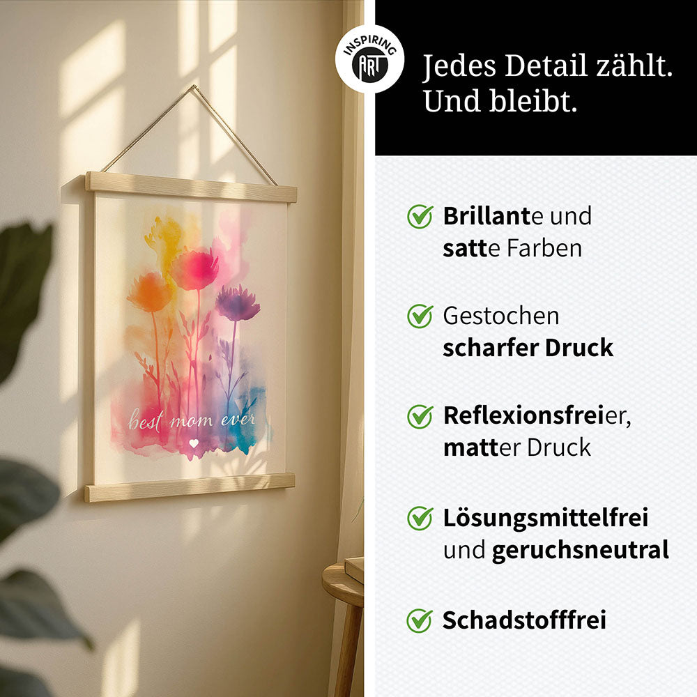 "Best mom ever" Aquarell-Blumen - Stoffbild mit Holzleisten bunt