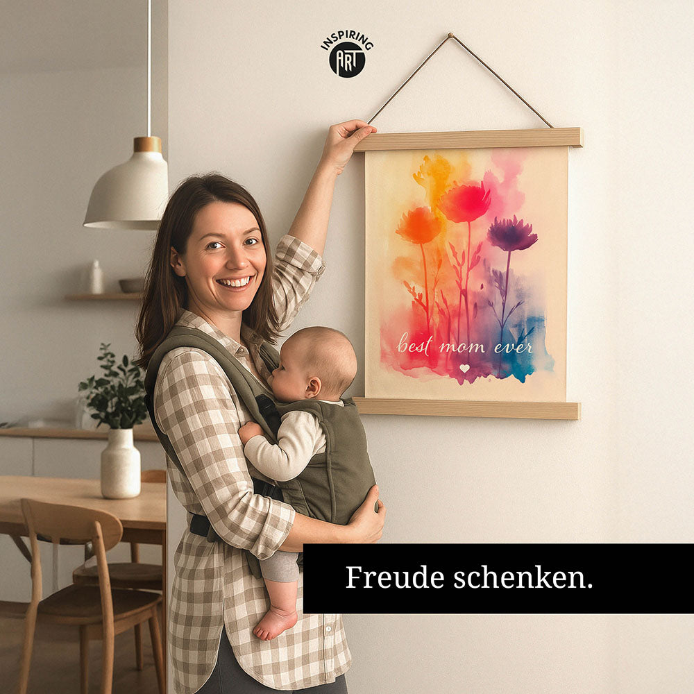 "Best mom ever" Aquarell-Blumen - Stoffbild mit Holzleisten bunt