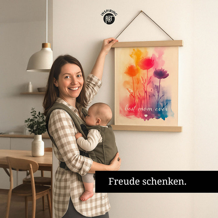 "Best mom ever" Aquarell-Blumen - Stoffbild mit Holzleisten bunt