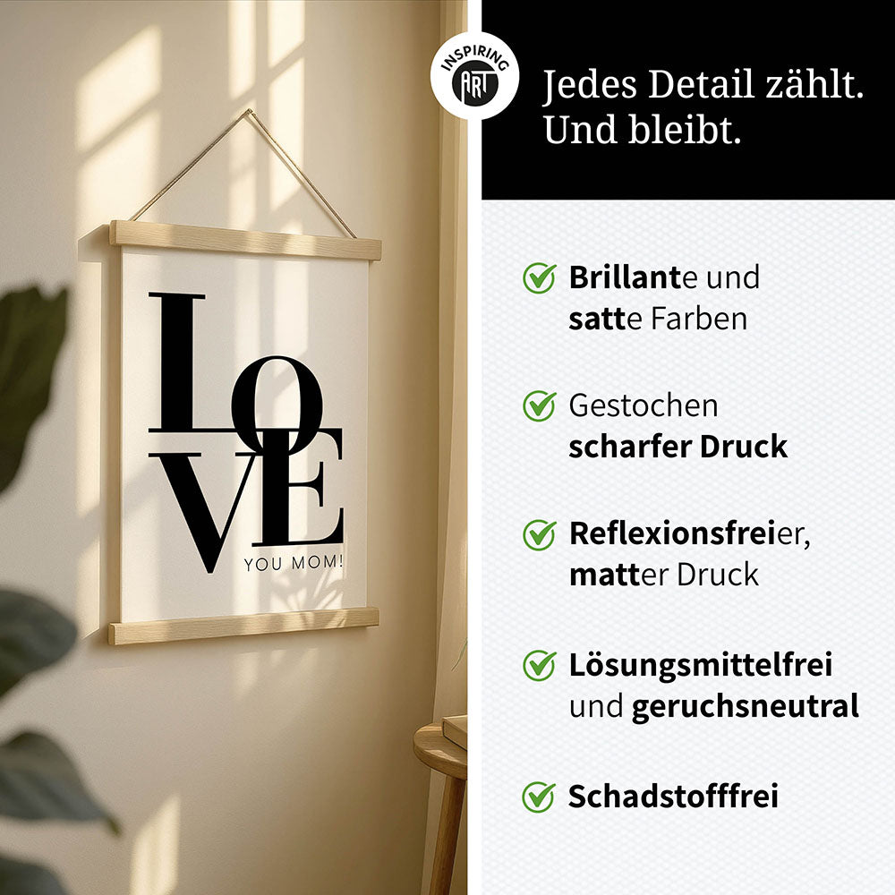 "Love you Mom" - Stoffbild mit Holzleisten in Weiß-Schwarz