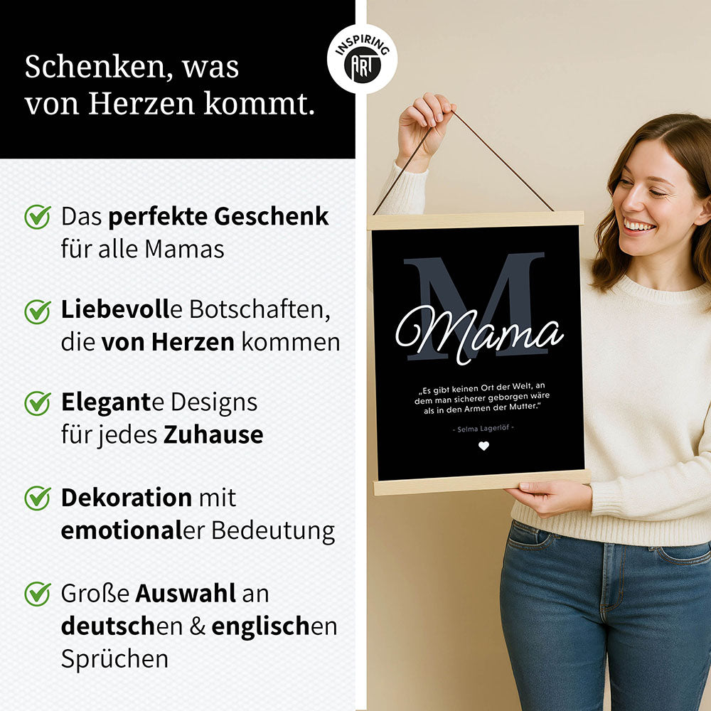 Mama-Zitat von Selma Lagerlöf - Stoffbild mit Holzleisten in Schwarz-Weiß