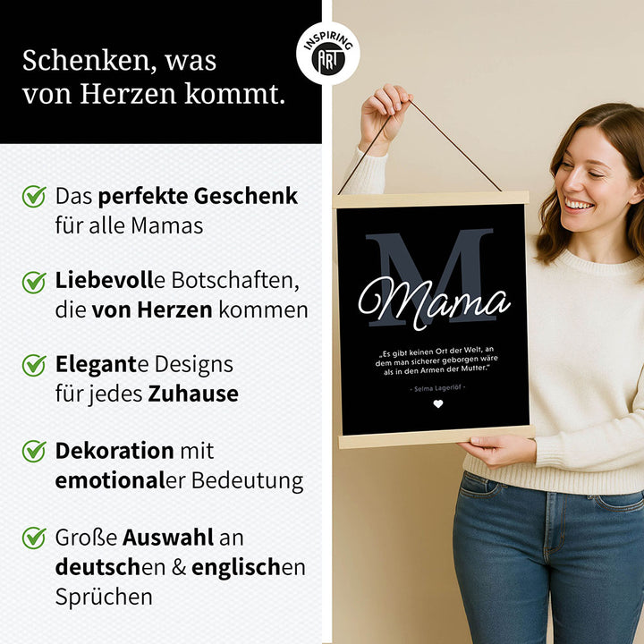 Mama-Zitat von Selma Lagerlöf - Stoffbild mit Holzleisten in Schwarz-Weiß