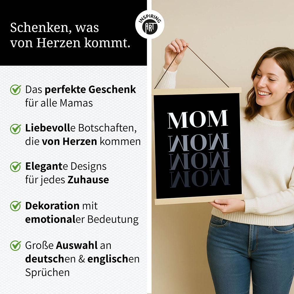 "Mom-Wow" - Stoffbild mit Holzleisten in Schwarz-Weiß