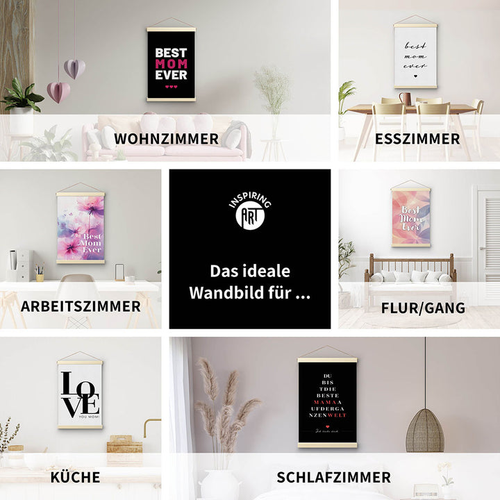 "Best mom ever" Typografie - Stoffbild mit Holzleisten in Schwarz-Weiß-Pink